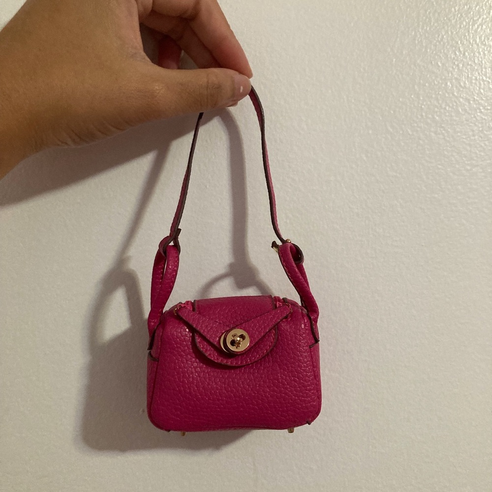 Mini Hot Pink with Gold Hardware Zipper Turnlock Bag Charm Keychain with Strap